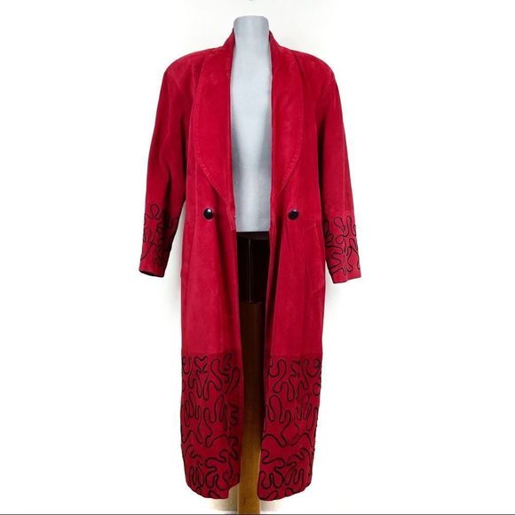 VINTAGE Danier Suede Red Full Length Long Trench Coat - Picture 1 of 16
